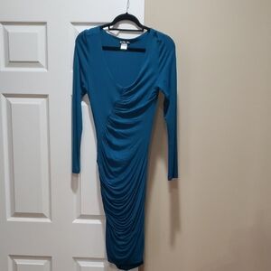 VENUS Teal Ruched Long Sleeve Dress
